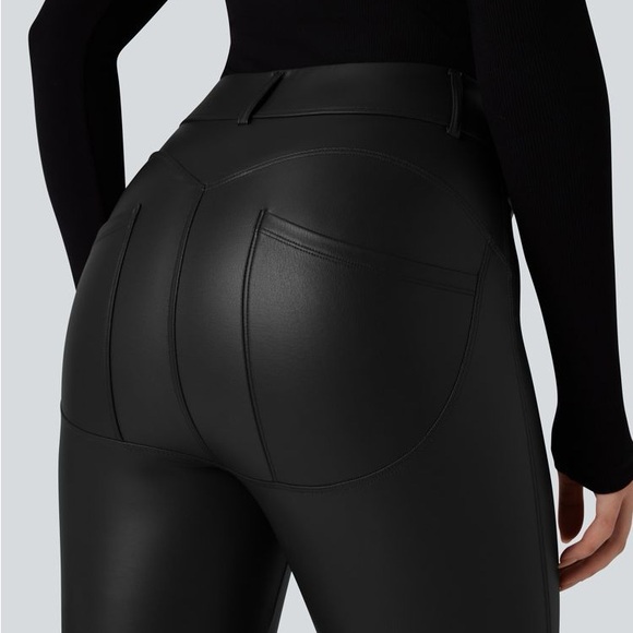 HALARA High Waisted Stretchy PU Fleece Casual Leggings with Pockets - Picture 4 of 4